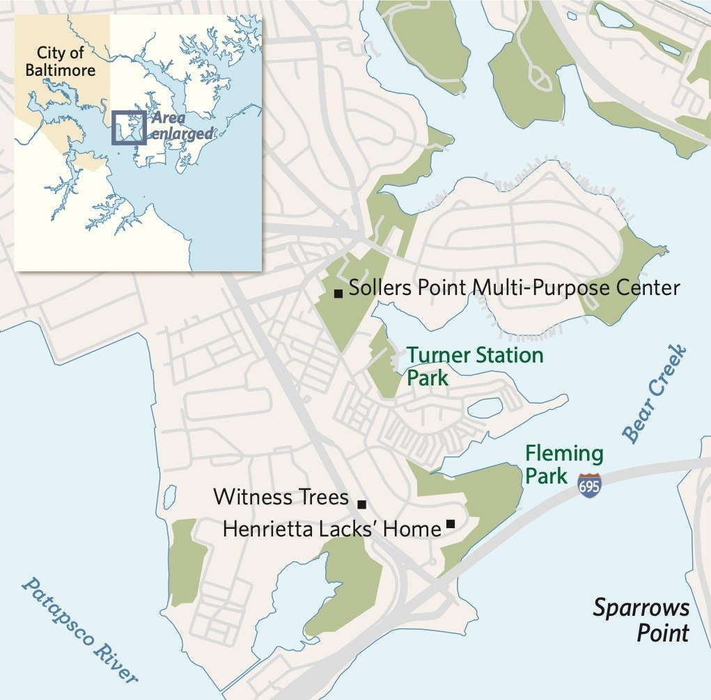 A map shows the location of Turner Station alongside the Patapsco River.