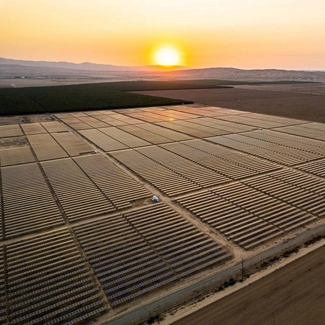 sun sets behind a solar farm.