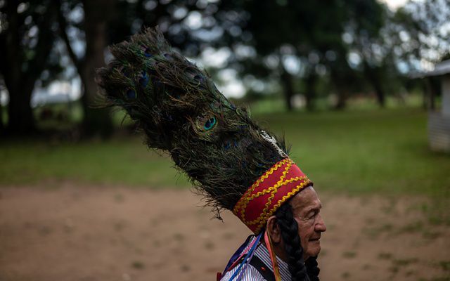 profile shot of an older man with a hat of peacock feathers