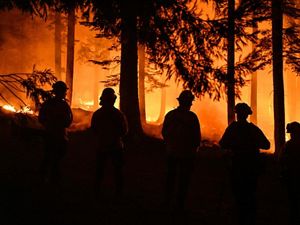 Wildland firefighters in silhouette against blaze.