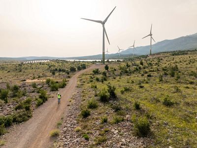A person walks down a path near wind turbines.