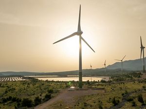 Wind turbines in landscape in Europe.